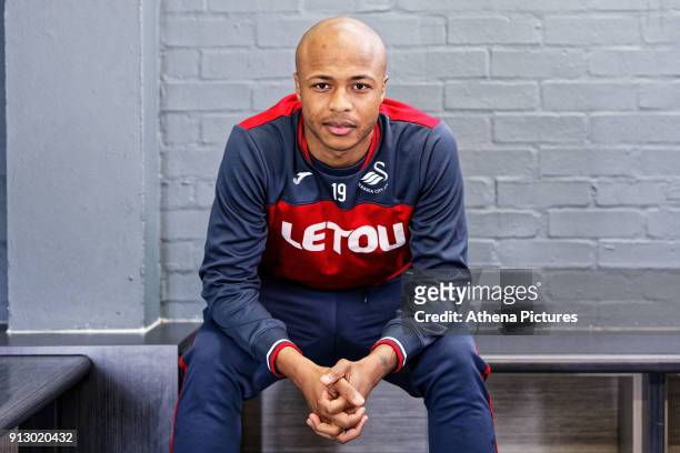 Andre Ayew poses for a portrait as he is unveiled as a new Swansea City signing at The Fairwood Training Ground on February 01, 2018 in Swansea,...