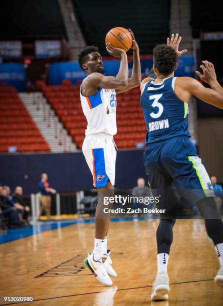 Daniel Hamilton of the Oklahoma City Blue shoots the ball against the Iowa Wolves in Oklahoma City, OK on January 31, 2018. NOTE TO USER: User...