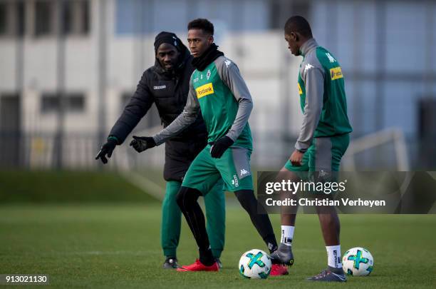 Reece Oxford and Mamadou Doucoure during a training session of Borussia Moenchengladbach at Borussia-Park on February 01, 2018 in Moenchengladbach,...