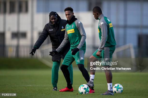 Reece Oxford and Mamadou Doucoure during a training session of Borussia Moenchengladbach at Borussia-Park on February 01, 2018 in Moenchengladbach,...