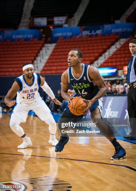 Elijah Millsap of the Iowa Wolves handles the ball against the Oklahoma City Blue in Oklahoma City, OK on January 31, 2018. NOTE TO USER: User...