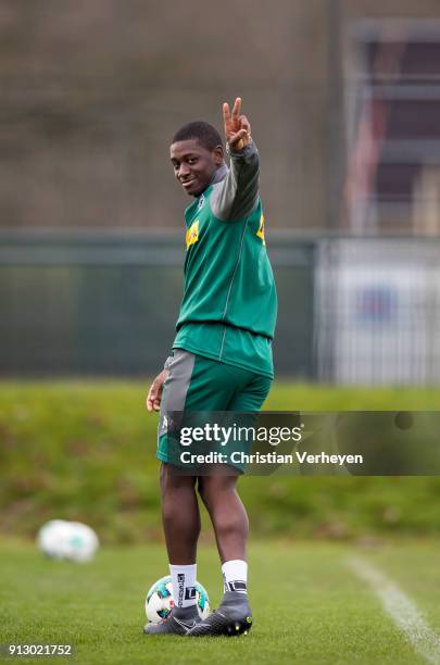 Mamadou Doucoure in action during a training session of Borussia Moenchengladbach at Borussia-Park on February 01, 2018 in Moenchengladbach, Germany.