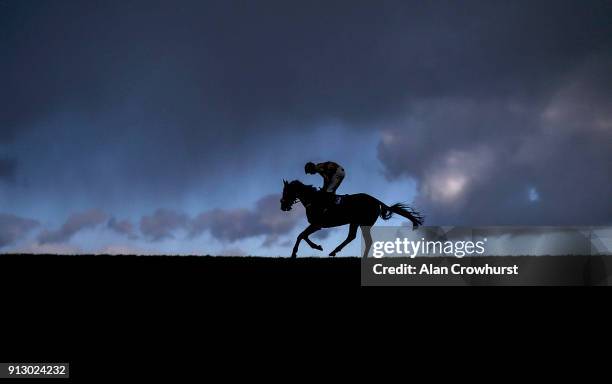 Runner arrives at the start as rain clouds loom in the distance at Wincanton racecourse on February 1, 2018 in Wincanton, England.