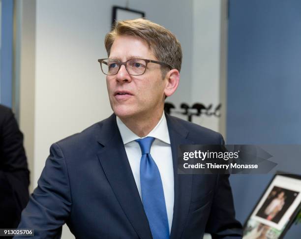 Senior Vice-President of Worldwide Corporate Affairs at Amazon James Carney speaks with EU officials on February 1, 2018 in Brussels, Belgium. Mr...