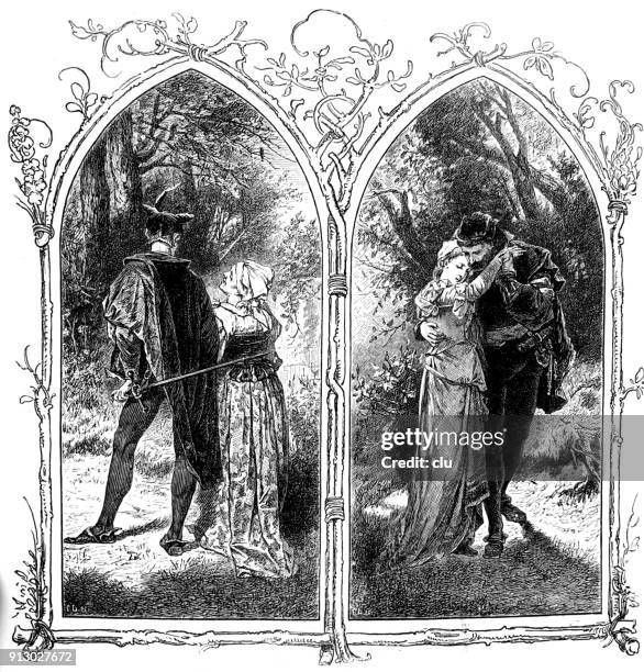 illustrations for goethe's faust: lovers walking in the forest - mourning couple stock illustrations