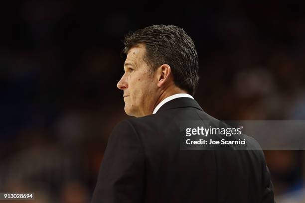 Head coach Steve Alford of the UCLA Bruins reacts from the sideline in the first half against the Stanford Cardinal at Pauley Pavilion on January 27,...