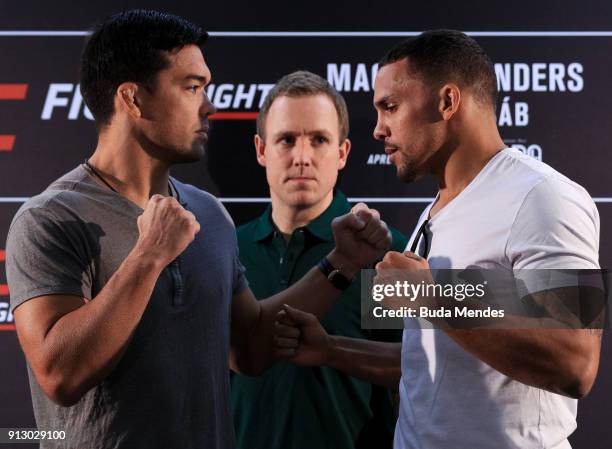 Middleweight fighters Lyoto Machida of Brazil and Eryk Anders of the United States face off during Ultimate Media Day at Radisson Hotel on February...