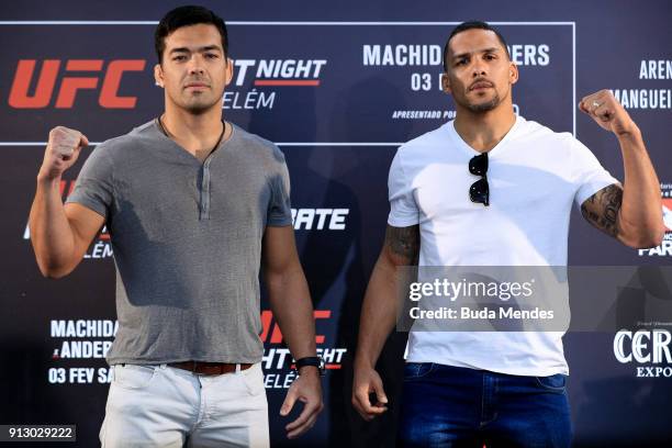 Middleweight fighters Lyoto Machida of Brazil and Eryk Anders of the United States face off during Ultimate Media Day at Radisson Hotel on February...