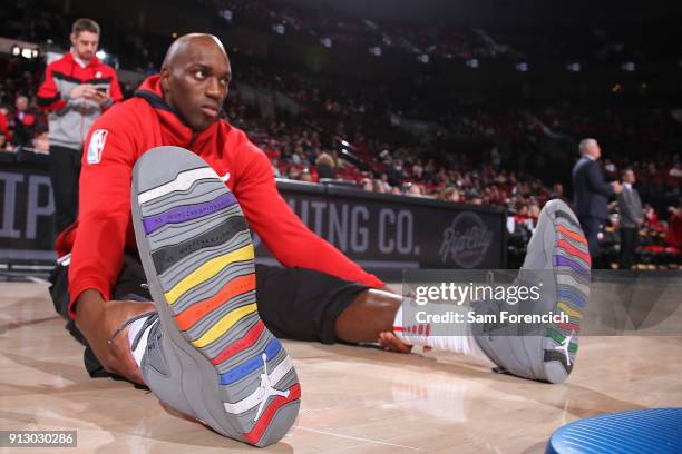 Close up of the sneakers of Quincy Pondexter of the Chicago Bulls as he stretches before the game against the Portland Trail Blazers on January 31,...