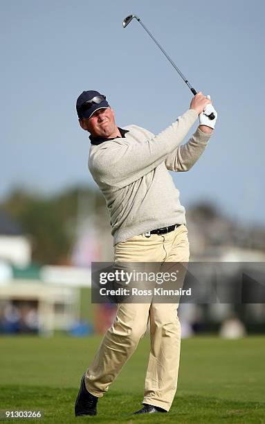 Sir Matthew Pinsent plays his second shot to the first hole during the first round of The Alfred Dunhill Links Championship at Carnoustie Golf Club...