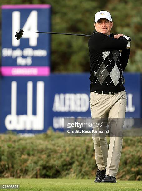 Hollywood film star Greg Kinnear drives off the 14th tee during the first round of The Alfred Dunhill Links Championship at Carnoustie Golf Club on...
