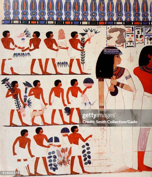Color illustration depicting a painted wall from the interior of the Theban tomb of the Pharoah Nakht, showing half of Nakht, and his wife Tawy, at...