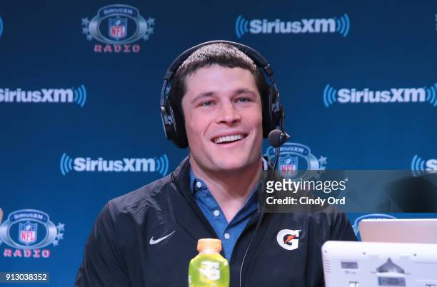 Luke Kuechly of the Carolina Panthers attends SiriusXM at Super Bowl LII Radio Row at the Mall of America on February 1, 2018 in Bloomington,...