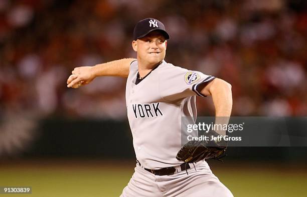 Chad Gaudin of the New York Yankees pitches against the Los Angeles Angels of Anaheim at Angel Stadium on September 22, 2009 in Anaheim, California.