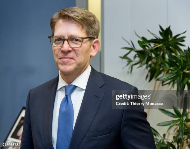 Senior Vice-President of Worldwide Corporate Affairs at Amazon James Carney speaks with EU officials on February 1, 2018 in Brussels, Belgium. Mr...