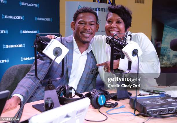 Professional boxer Daniel Jacobs and Heather B attend SiriusXM at Super Bowl LII Radio Row at the Mall of America on February 1, 2018 in Bloomington,...