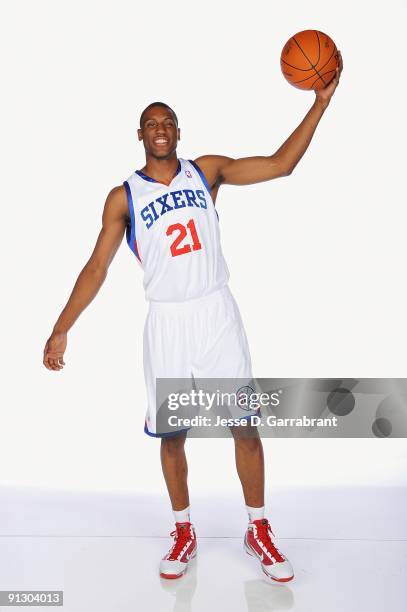 Thaddeus Young of the Philadelphia 76ers poses for a portrait during 2009 NBA Media Day on September 28, 2009 at Wachovia Center in Philadelphia,...