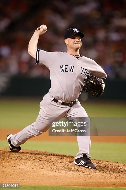 Chad Gaudin of the New York Yankees pitches against the Los Angeles Angels of Anaheim at Angel Stadium on September 22, 2009 in Anaheim, California.