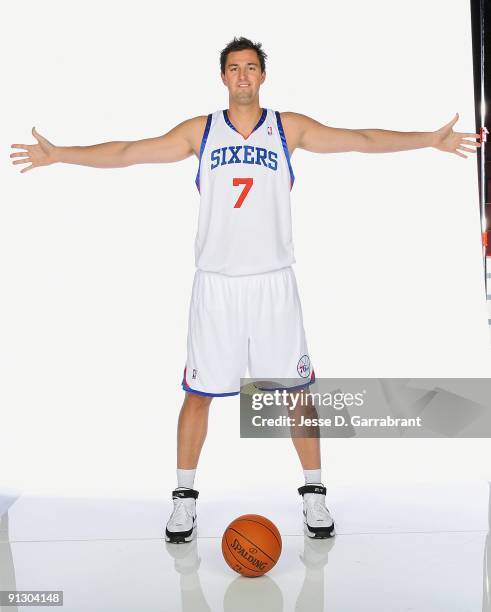 Primoz Brezec of the Philadelphia 76ers poses for a portrait during 2009 NBA Media Day on September 28, 2009 at Wachovia Center in Philadelphia,...