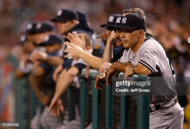 New York Yankees manager Joe Girardi looks on during the game against the Los Angeles Angels of Anaheim at Angel Stadium on September 22, 2009 in...