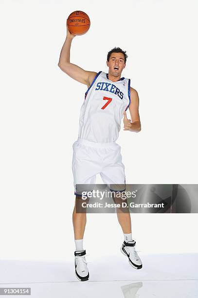 Primoz Brezec of the Philadelphia 76ers poses for a portrait during 2009 NBA Media Day on September 28, 2009 at Wachovia Center in Philadelphia,...