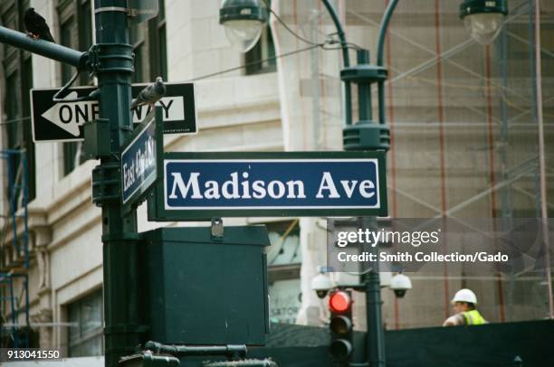 Close-up of road sign for Madison Avenue, on the Upper East Side of Manhattan, New York City, New York, September 15, 2017.