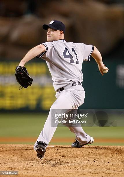 Chad Gaudin of the New York Yankees pitches against the Los Angeles Angels of Anaheim at Angel Stadium on September 22, 2009 in Anaheim, California.