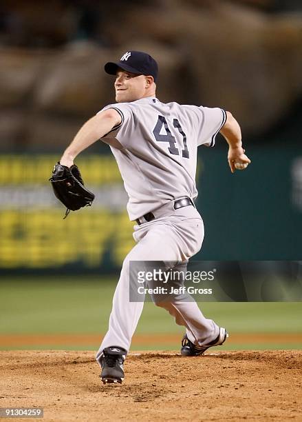 Chad Gaudin of the New York Yankees pitches against the Los Angeles Angels of Anaheim at Angel Stadium on September 22, 2009 in Anaheim, California.