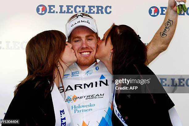 Tyler Farrar of Garmin - Slipstream celebrates with two beauties on the winner stand after the first stage of the 69th Franco Belge cycling race from...