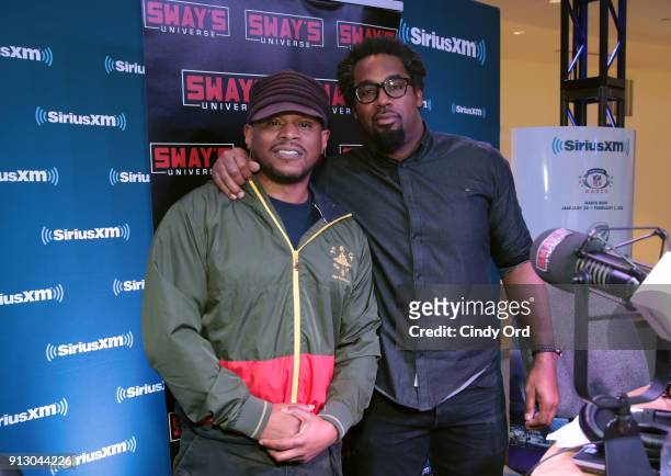 SiriusXM radio host Sway Calloway and former NFL player Dhani Jones attend SiriusXM at Super Bowl LII Radio Row at the Mall of America on February 1,...