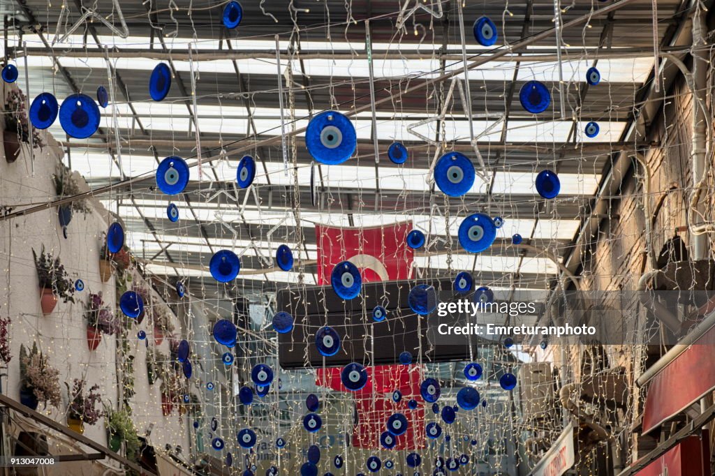 Blue glass decors on the ceiling,Izmir.