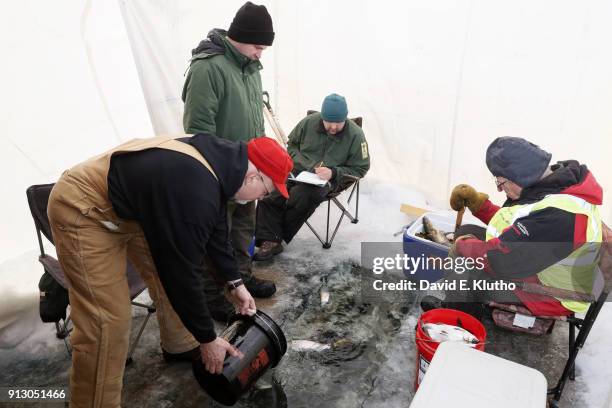 Brainerd Jaycees Ice Fishing Extravaganza: Members of the Minnesota Department of Natural Resources oversee the release of fish after weigh-in during...