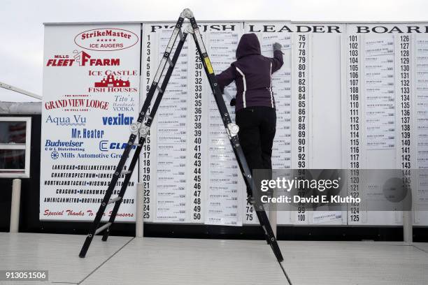 Brainerd Jaycees Ice Fishing Extravaganza: Event volunteers adjust the Big Fish Leaderboard to update the largest fish caught during event on...