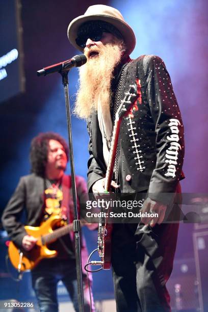 Musicians Steve Lukather of Toto and Billy Gibbons of the band ZZ Top perform onstage with Kings of Chaos during the Adopt The Arts annual rock gala...