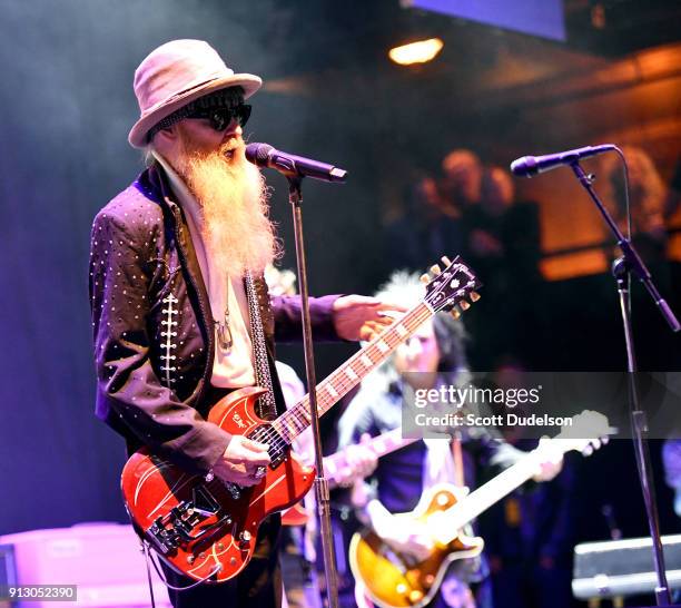 Singer/guitarist Billy Gibbons of the band ZZ Top makes a special appearance with Kings of Chaos during the Adopt The Arts annual rock gala at Avalon...