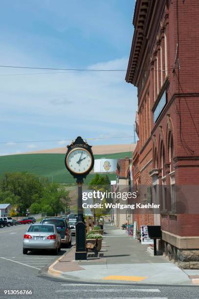 Main street with clock tower, 19th Century architecture in Waitsburg, Eastern Washington, USA.