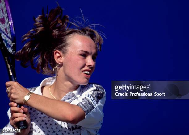 Martina Hingis of Switzerland in action during the US Open at the USTA National Tennis Center, circa September 1995 in Flushing Meadow, New York, USA.