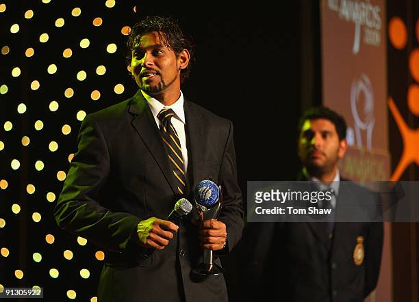 Tillakaratne Dilshan of Sri Lanka on stage to collect his award for The Twenty20 International Performance of the Year during the ICC Annual Awards...