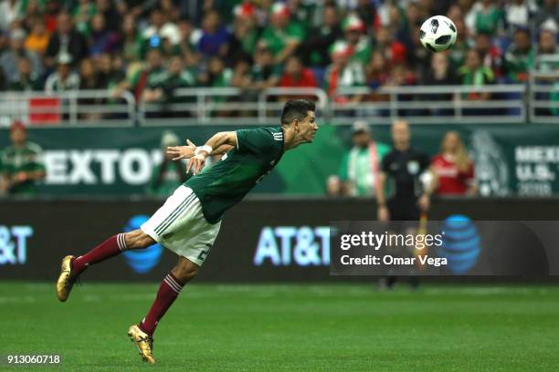 Jesus Molina of Mexico heads the ball during the friendly match between Mexico and Bosnia and Herzegovina at Alamodome Stadium on January 31, 2017 in...