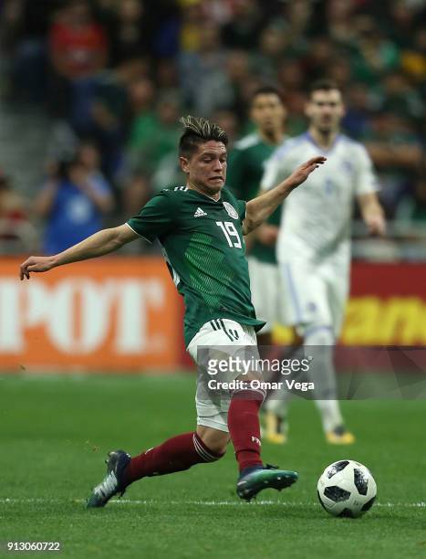 Jonathan Gonzalez of Mexico drives the ball during the friendly match between Mexico and Bosnia and Herzegovina at Alamodome Stadium on January 31,...