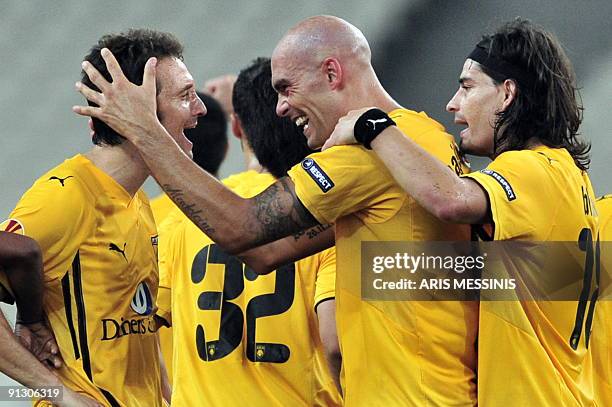 Daniel Majstorovic of AEK celebrates after scoring against Benfica during their group stage Europa League football game in Athens on October 1, 2009....