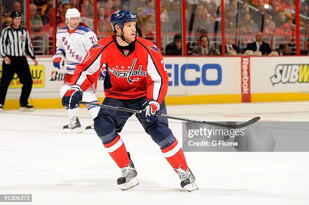 Brooks Laich of the Washington Capitals skates down the ice against the New York Rangers at the Verizon Center on September 27, 2009 in Washington,...