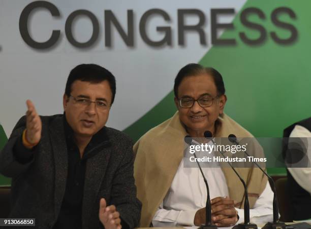 Congress leader and former finance minister P Chidambram briefs media about the Congress Party's reaction on Union Budget with Randeep Surjewala...