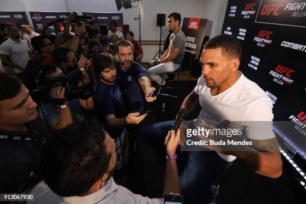 Middleweight contenders Lyoto Machida of Brazil and Eryk Anders of the United States speak to the media during Ultimate Media Day at Radisson Hotel...