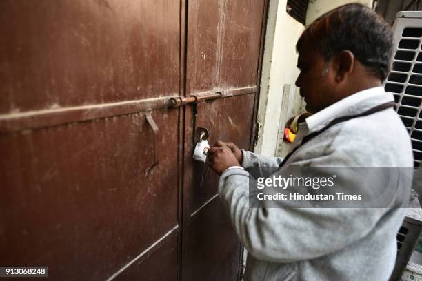 Officials sealed properties during a sealing drive following the order from Monitoring Committee at East Patel Nagar on February 1, 2018 in New...