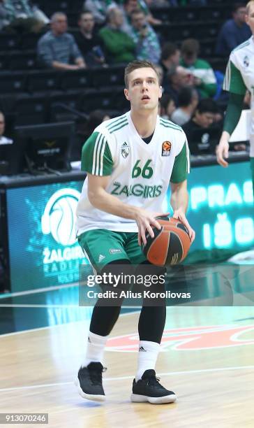 Paulius Valinskas, #66 of Zalgiris Kaunas in action during the 2017/2018 Turkish Airlines EuroLeague Regular Season Round 21 game between Zalgiris...