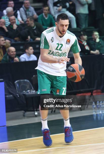 Vasilije Micic, #22 of Zalgiris Kaunas in action during the 2017/2018 Turkish Airlines EuroLeague Regular Season Round 21 game between Zalgiris...