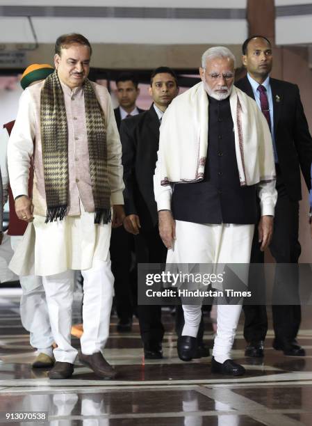 Prime Minister Narendra Modi with Union Minister Ananth Kumar at BJP Parliamentary party leaders meeting at Parliament house library after Budget...