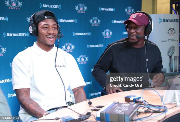 Stefon Diggs and Xavier Rhodes of the Minnesota Vikings attend SiriusXM at Super Bowl LII Radio Row at the Mall of America on February 1, 2018 in...