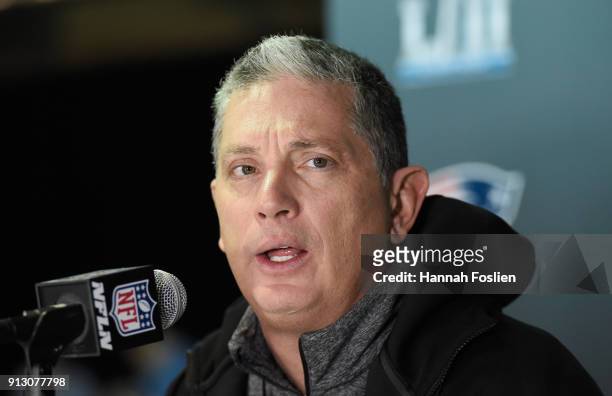 Defensive coordinator Jim Schwartz of the Philadelphia Eagles speaks to the media during Super Bowl LII media availability on February 1, 2018 at...